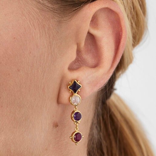 Long silver vermeil Magic Nature Earrings with gemstones