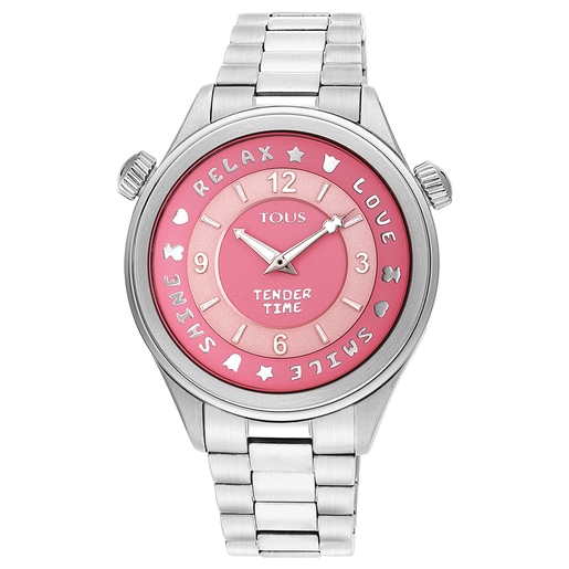 Reloj analógico Tender Time de acero inoxidable con esfera en rosa