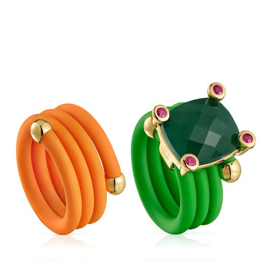 Pack de anéis verde e laranja com pedras preciosas St. Tropez Caucho