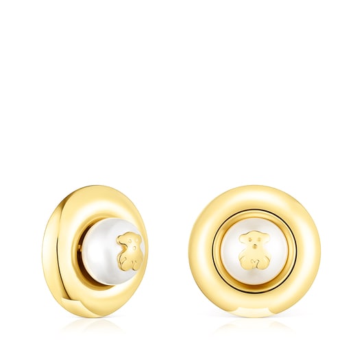 Aretes grandes TOUS Basics disco con baño de oro 18 kt sobre plata y perla