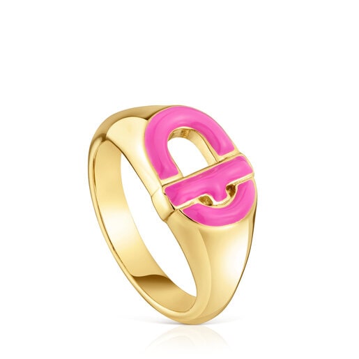 Signet ring with 18kt gold plating over silver and fuchsia-colored enamel TOUS MANIFESTO