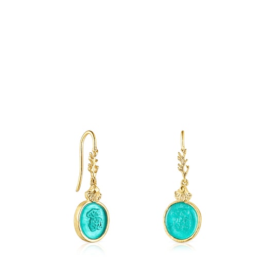 Aretes camafeo con baño de oro 18 kt sobre plata y glass verde Oceaan Color