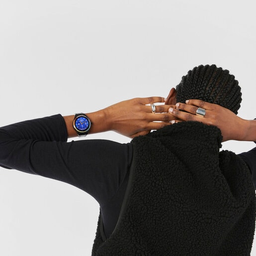 T-Shine Connect Smartwatch with black IP steel wristband with rainbow cubic zirconias