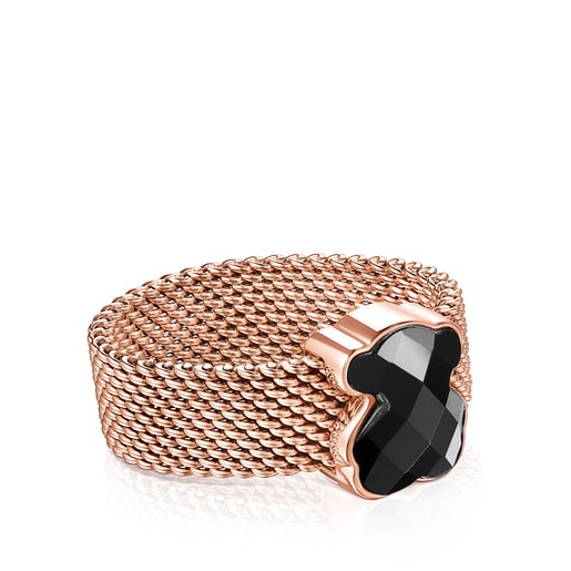 Rose IP Steel TOUS Mesh Color Ring with faceted Onyx Bear motif