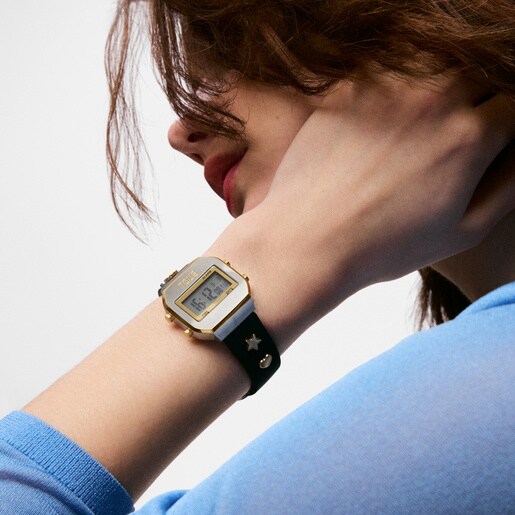 Reloj digital con correa negra, acero y gemas XPRESURSLF