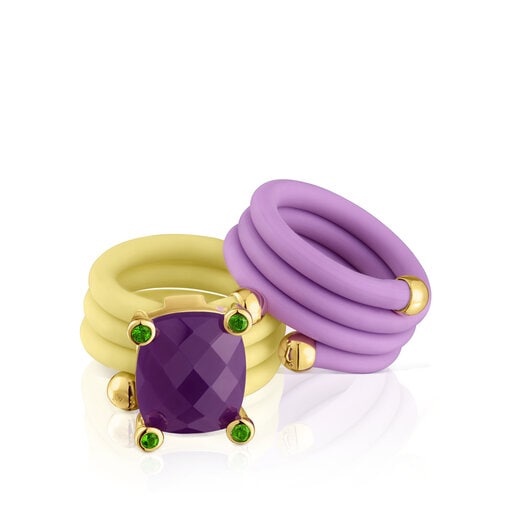 Pack of mauve and yellow St. Tropez Caucho Rings with gemstones