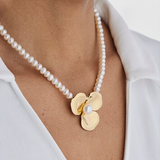 Collar Fragile Nature de perlas y plata con baño de oro 18 kt sobre plata