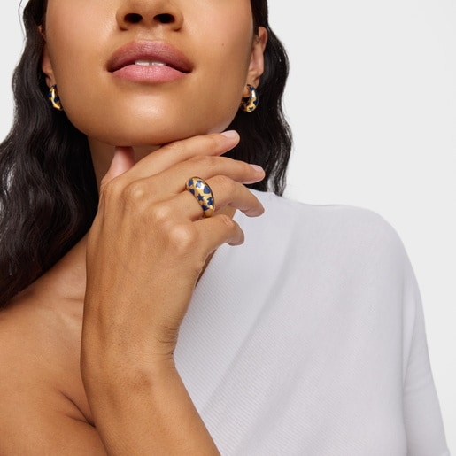 خاتم Warm من الفضة المطلية بالذهب عيار 18 قيراطًا مزدان بحليات زرقاء