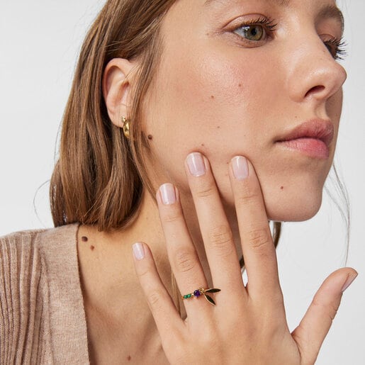 טבעת עלים Fragile Nature עשויה ורמיל כסף עם אבני חן