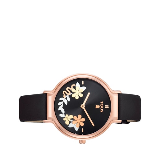 Pink IP Steel Real Mix Watch with black Leather strap