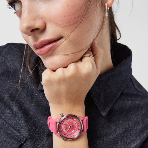 Montre Tender Time en acier avec bracelet en silicone rose