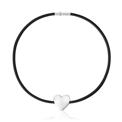 Necklace with heart motif in sterling silver and black rubber TOUS Bold Motif Necklace length: 45 cm. Motif size: 24 mm. Double clip closure.