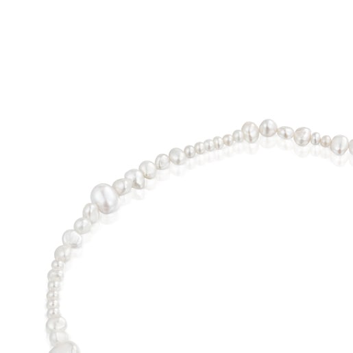 Obojkový náhrdelník s uměle vypěstovanými perlami a stříbrným kroužkem Hold Oval