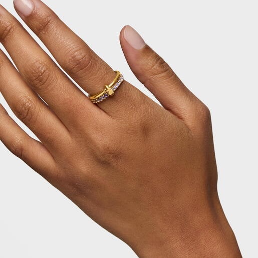 18kt gold-plated silver Double ring with gemstones TOUS Straight