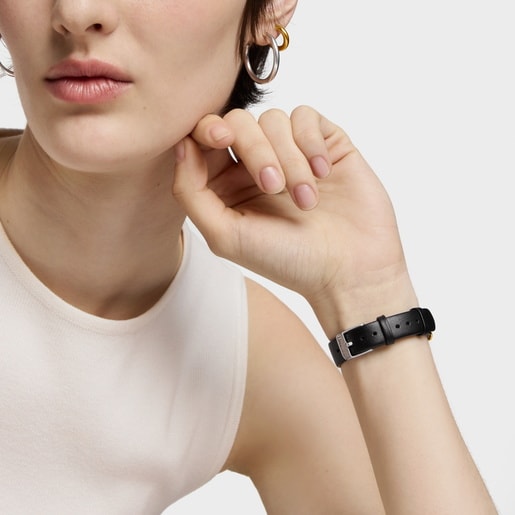 שעון אנלוגי Epic Icon מפלדה בצבע זהב עם לוח מחוגים בגוון אם הפנינה וצמיד עור שחור