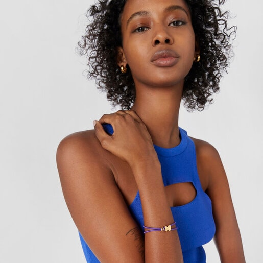 Pulsera elástica lila con oso con baño de oro 18 kt sobre plata Sweet Dolls