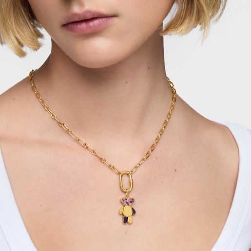 Dije oso con baño de oro 18 kt sobre plata y amatistas Teddy Bear