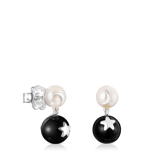 Boucles d’oreilles lune-étoile Magic Nature perle et onyx