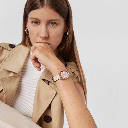 שעון Dai אנלוגי מפלדה עם רצועת Kaos בצבע בז' מעור