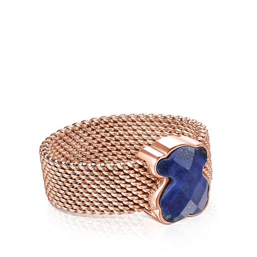 Rose IP Steel TOUS Mesh Color Ring with faceted Lapis Lazuli Bear motif