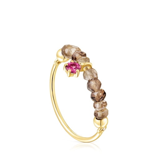 Gold TOUS Cool Joy Ring with smoky quartz and rhodolite
