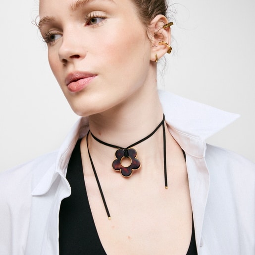 40 mm gold-colored steel, white resin and black cord flower Necklace TOUS Galaxy