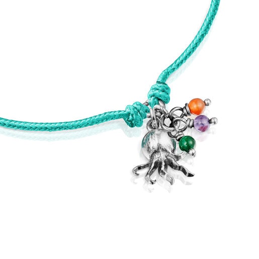Pulsera de cordón turquesa con motivo pulpo y gemas Save Ocean
