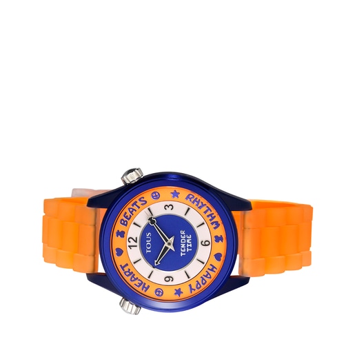 Steel TOUS Tender Time Watch with orange silicone strap and blue dial