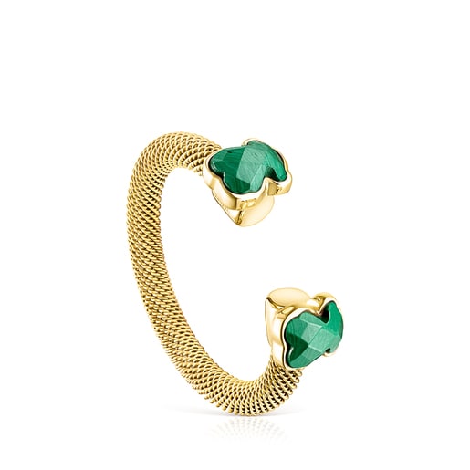 Gold-colored IP Steel Mesh Color open Ring with Malachite | TOUS