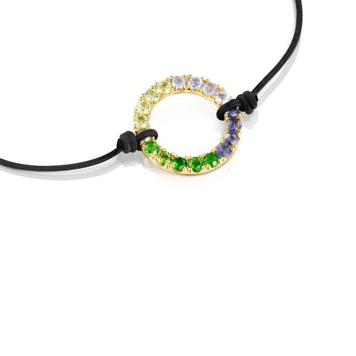 Pulsera con baño de oro 18 kt sobre plata, gemas y nylon negro Straight