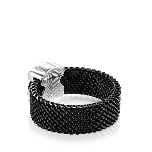 Black IP Steel Mesh Color Ring with Onyx Bear motif