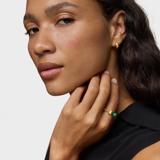 Gold-colored steel Open ring with malachite Icon Mesh