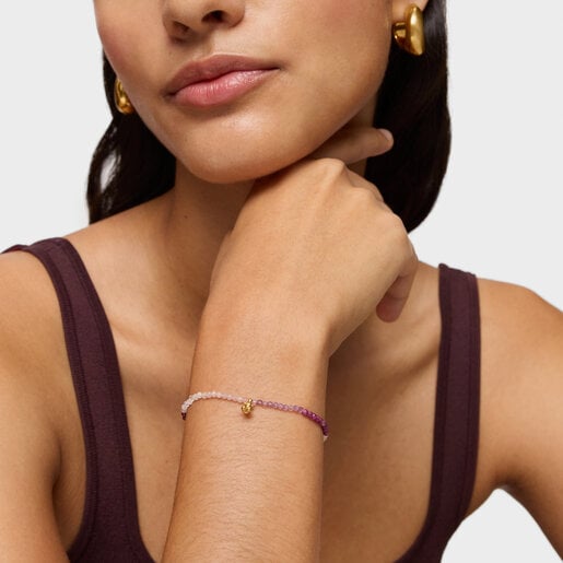 Pulsera elástica con baño de oro 18 kt sobre plata y gemas rosadas Bold Bear