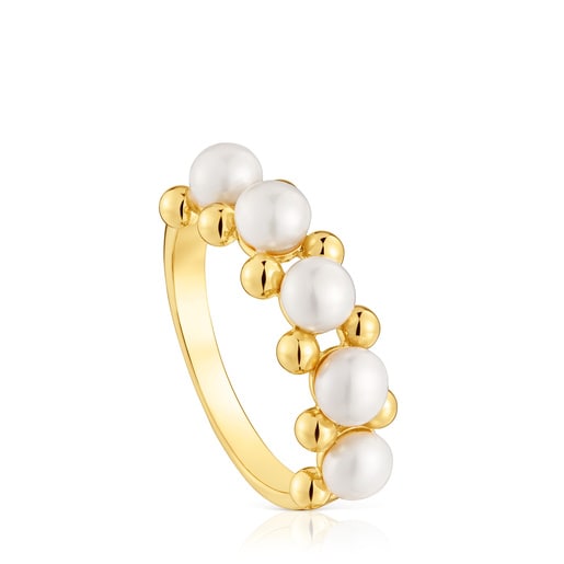 Średniej wielkości pierścionek wykonany ze srebra pokrytego 18-karatowym złotem, z perłami hodowanymi, z kolekcji Gloss