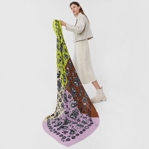 צעיף בנדנה TOUS Gems גדול בצבעי חום וירוק ליים