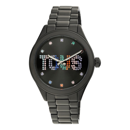Analogové hodinky s černým řemínkem z oceli IP a krystaly T-Logo