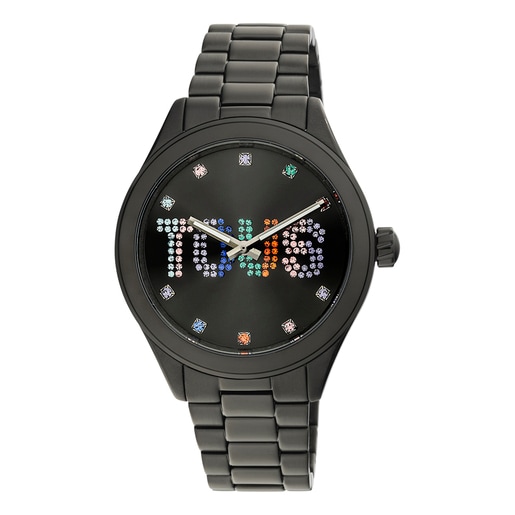 Montre analogique avec bracelet en acier IP noir et cristaux T-Logo