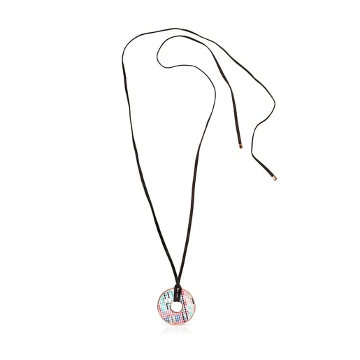 Tartan Disc Necklace in Rose Silver Vermeil with Mother-of-Pearl and brown Leather