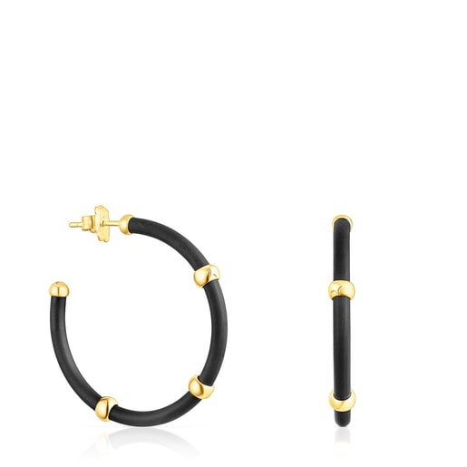 Pendientes aro de color negro con baño de oro 18 kt sobre plata St. Tropez Caucho