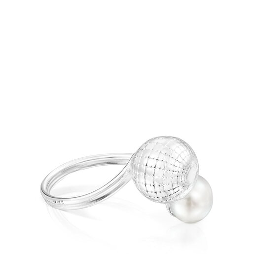 Silver St. Tropez Disco bear ball Open ring with cultured pearl