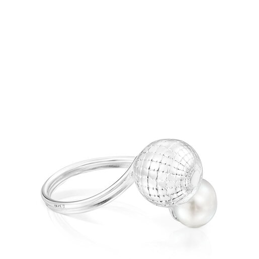 Bague ouverte St. Tropez Disco en argent bille oursons et perle de culture