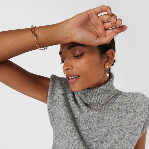 ゴールドコーティング シルバーに養殖パールが付いたブレスレット Elipse