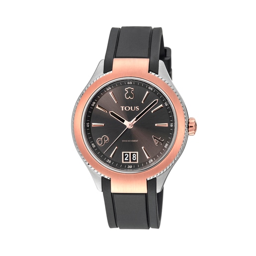 Rellotge analògic ST bicolor d'IP rosat/acer amb corretja de cautxú negra