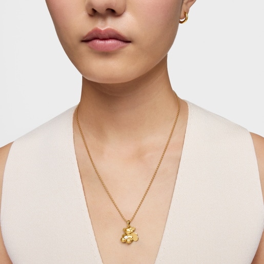 Dije doble oso con baño de oro 18 kt sobre plata y diamante creado en laboratorio Bold Bear