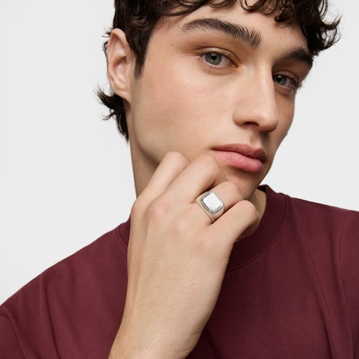 Aged silver Signet ring with square motif TOUS Man