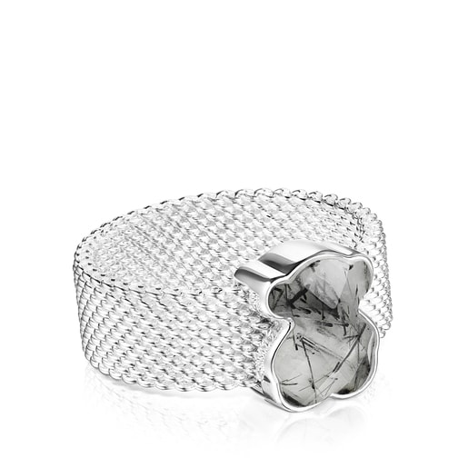 Silver Ring with faceted Tourmalinated quartz Bear motif TOUS Mesh Color |  TOUS