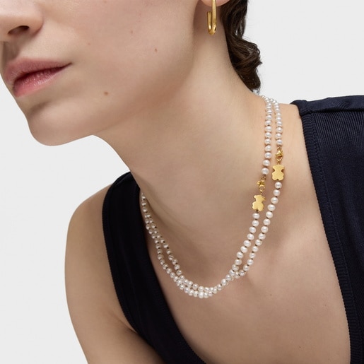 Short gold Necklace with cultured pearl and mm bear motif Sweet Dolls