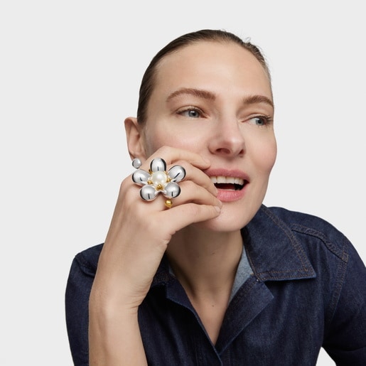 Two-tone Double ring with cultured pearl Daisy
