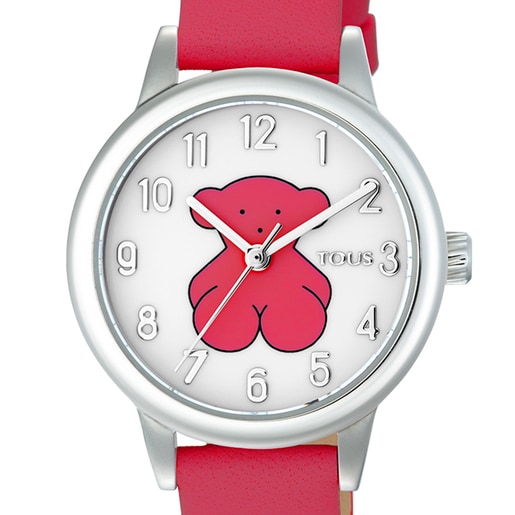 reloj Tous New Muffin 200351094 orientado para cadete, tiene la caja de  acero con forma circular. La pulsera es de cuero rosa, bisel de acero color  plateado. El cristal es mineral, el