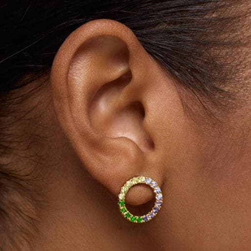 Aretes círculo con baño de oro 18 kt sobre plata y gemas Straight